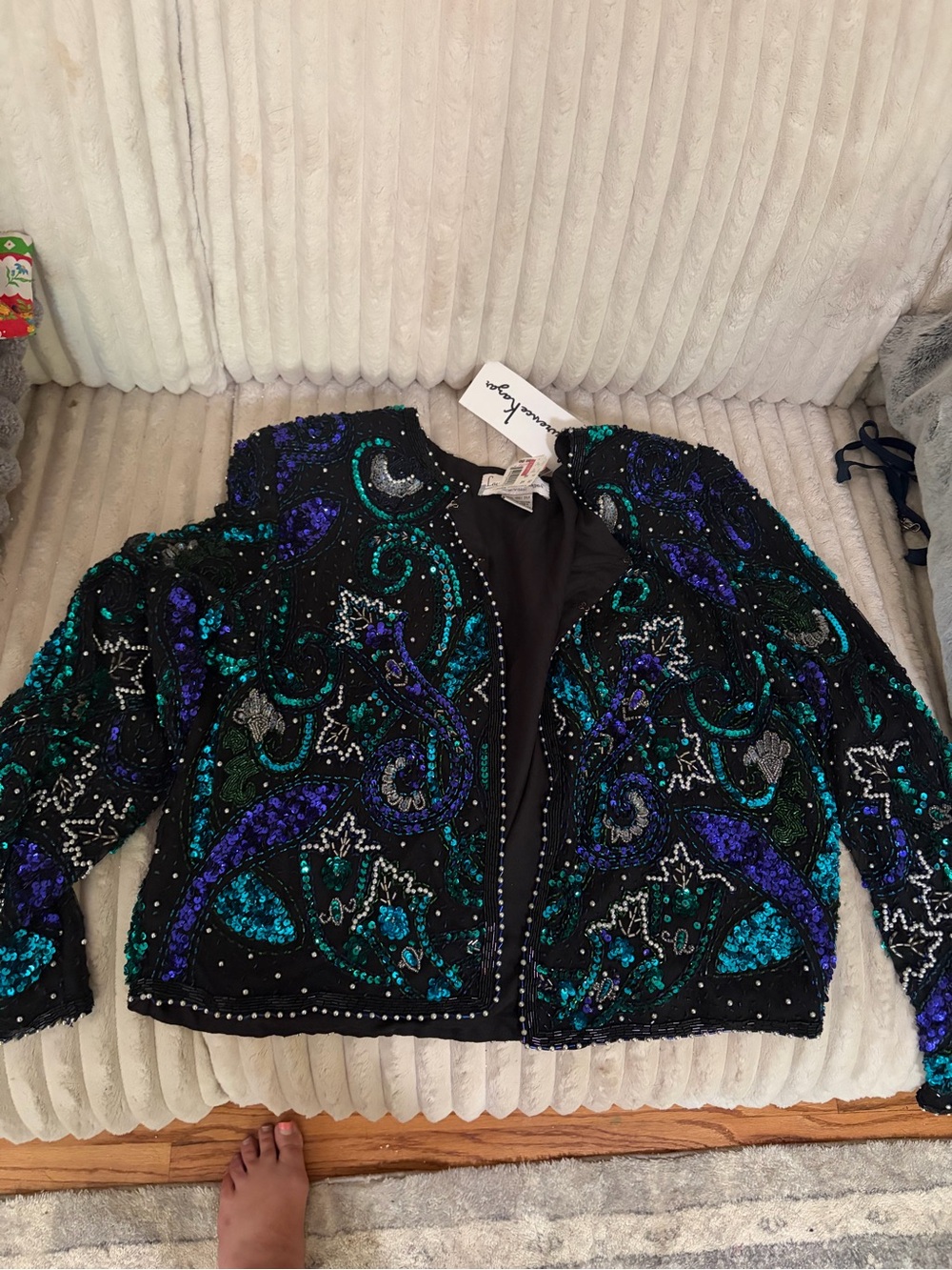 Laurence Kazar Vintage Black Sequin Jacket with Teal & Purple Embellishment
